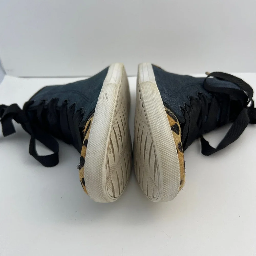 Kate Spade High Top Sneakers Navy Denim Leopard Calf Hair Womens Size 8M